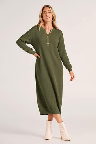 PRETTYGARDEN Women's 2024 Fall Knit Sweater Dress Long Sleeve Button V Neck Loose Casual Maxi Dresses (Army Green,Small)
