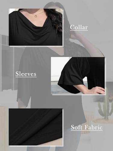 MK Shop Limited Plus Size Tops for Women Dressy 2024 Summer Casual 3/4 Sleeve Shirts Trendy Folded Neck Tee Slim Fit Short Sleeve Blouses Going Out Loose Outfits Black