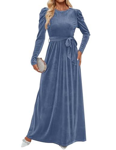 ZESICA Women's Velvet Maxi Dress Long Puff Sleeve Crew Neck Elastic High Waist Cocktail Party Bridesmaid Dresses,Black,Medium