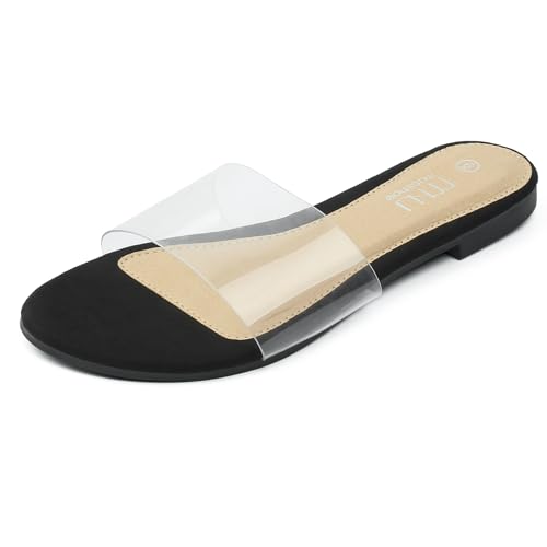 MUSSHOE Women's Clear Flat Sandals Comfortable Transparent Summer Slide Sandals for Women Dressy, Black 6