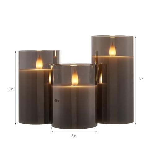 CozierGlow Glass Wax Flameless Pillar Candles Flickering with Remote Timer, Battery Operated LED Candles up to 400 Hours,3D Moving Flame Candles, Set of 3, D3 x H4, 5", 6",Remote Included (Gray).