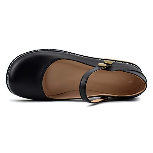 100FIXEO Women Buckle Ankle Strap Mary Jane Flat Shoes (6, Black)