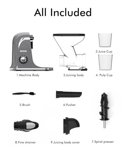 SiFENE Cold Press Juicer Machine, Compact Single Serve Slow Masticating Juicer, Vegetable and Fruit Juice Extractor Maker Squeezer, Easy to Clean, Non-BPA, Grey