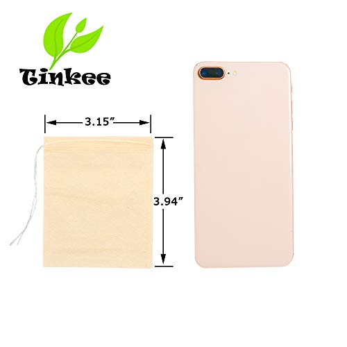 Tinkee Tea Filter bags, safe and natural material, disposable tea infuser, empty tea bag with drawstring for loose leaf tea, set of 100(3.15 x 3.94 inch ) (Initial)