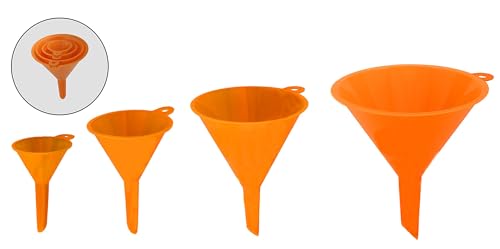4-Piece All Purpose Wide-Mouth Bright Orange Plastic Funnel Set for Quick and Clean Transferring Liquids, Dry Goods, Between Pitchers, Bottles, Cans and Containers