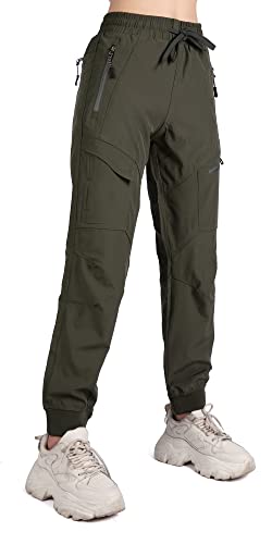 Singbring Women's Athletic Hiking Cargo Joggers Pants Outdoor Lightweight Workout Quick Dry UPF 50 Zipper Pockets (AGreen88-XS)