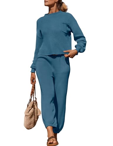 ZESICA Women's 2 Piece Outfits Sweater Set Long Sleeve Mock Neck Knit Pullover Top High Waist Pant Tracksuit Lounge Sets,White,Small