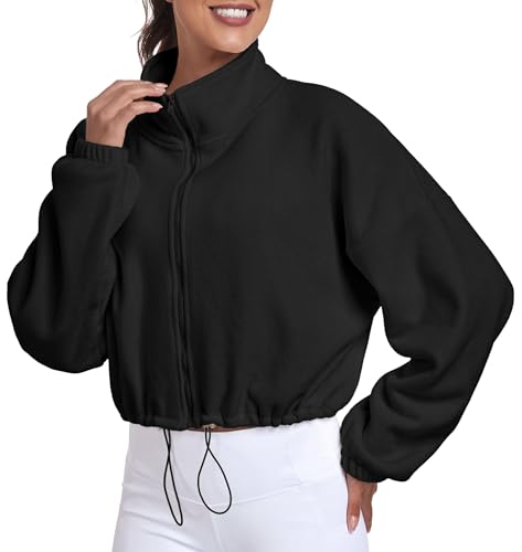 GRECERELLE Women's Sherpa Jacket Women Long Sleeve Winter Coats Full Zip Fleece Crop Jacket 2023 Black-M