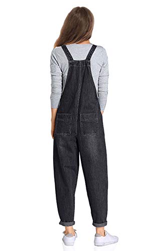 Soojun Women's Casual Baggy Denim Bib Overalls, Black, X-Small