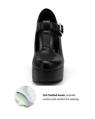 Coutgo Black Platform Heels for Women T-Strap Patent Chunky Heel Mary Jane Shoes