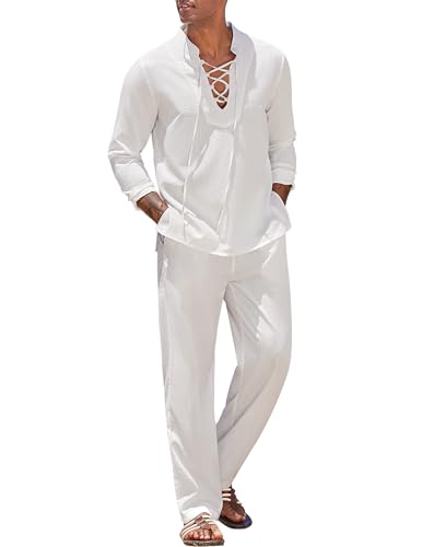 COOFANDY Men's 2 Piece Linen Set Long Sleeve Henley Shirts Casual Beach Pants With Pockets Summer Yoga Outfits