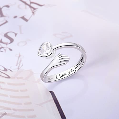 ACJFA 925 Sterling Silver Hug Ring for Women Teens I Love You Gifts for Her 12 Birthstones CZ Adjustable Ring Jewelry Mothers Day Birthday Holiday Gifts