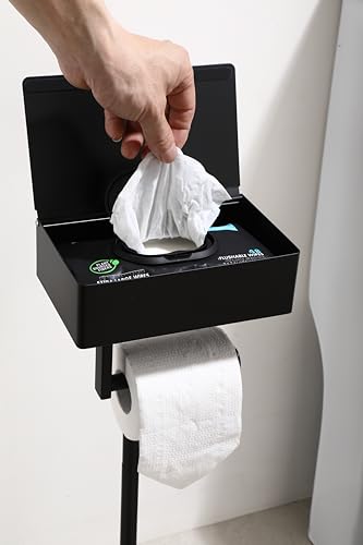 Day Moon™ Matte Black Toilet Paper Holder Free Standing Toilet Paper Holder with Storage - Toilet Paper Stand and Tissue Holder for Bathroom - Toilet Paper Holder with Shelf and Wipe Holder