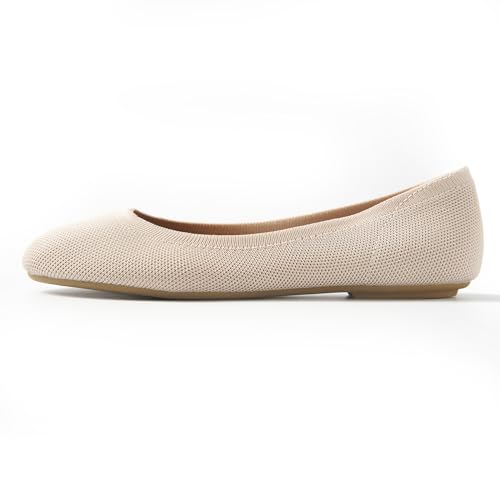 YORINDALE Women's Ballet Flats Soft Knit Lightweight Round Toe Slip On Comfort Ballerina Flat Shoes for Walking Low Wedge Soft Beige