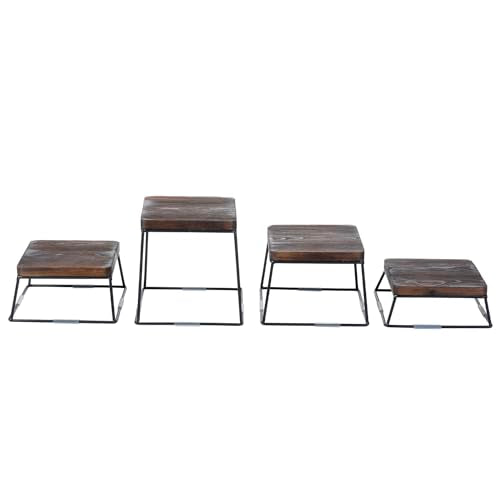 MyGift 6 Inch Square Display Risers for Food, Set of 4 Buffet Risers, Burnt Brown Solid Wood Top Riser with Matte Black Metal Wire Base, Dessert Table Display Cupcake Stands Set