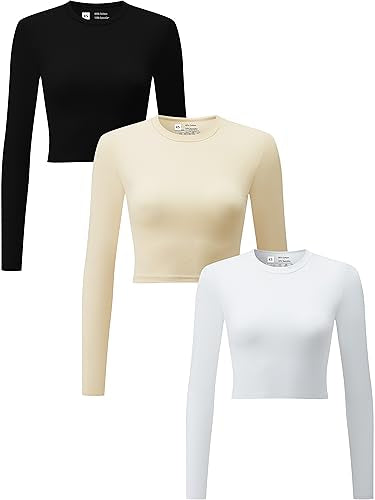 Flutnel womens 3 Piece Crop Top Long Sleeve Crew Neck Stretch Fitted Workout Exercise, Black/White/Khaki, Large