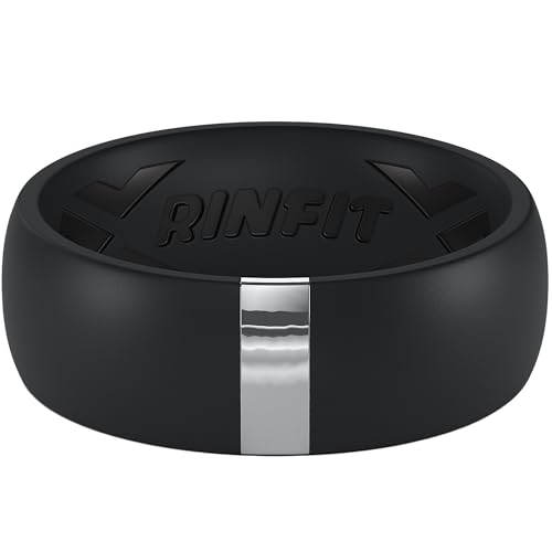 Rinfit Silicone Wedding Band Men - Classic Rounded Rubber Ring with Stainless Steel Metal Line - MetalBar Design Patent Pending - Black/Gunmetal Gray, Size 7.5-8