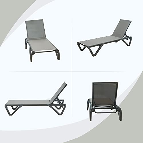 Domi Pool Lounge Chairs Set of 3, Adjustable Aluminum Outdoor Chaise Lounge with Side Table, All Weather Use for Deck Lawn Poolside Backyard - Grey Textilene