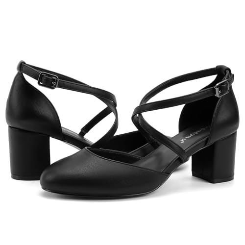 Greatonu Women's Nude Low Block Heeled Dress Pumps Closed Round Toe Cross Strap Wedding Bridal Party Office Shoes Size 6