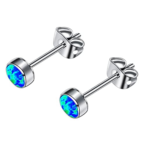 FACOKO Titanium Earrings for Women, Hypoallergenic Opal Earrings Stud, Birthstone Stud for Mother's Day Gifts, Nickel Free Earring for Sensitive Ears (Multi Green-4MM)