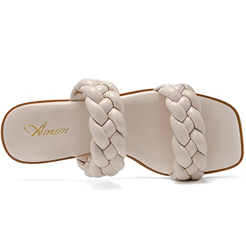 Athlefit Women's Braided Flat Sandals Square Open Toe Slip On Slides Woven Nude Sandals Size 11