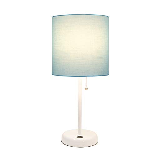 Simple Designs LT2044-TAN-LB Brushed Steel Stick Table Desk Lamp with USB Charging Port and Drum Fabric Shade for Living Room, Hallway, Nightstand, Office, Tan Shade, with Feit LED Bulb Included