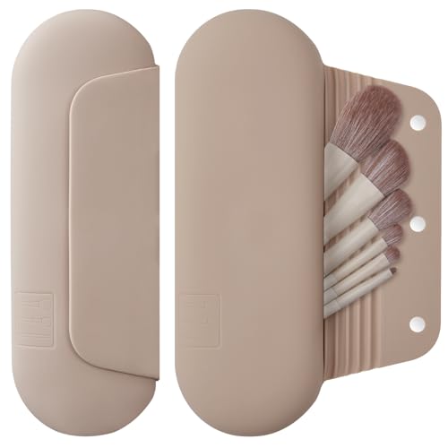 AGIKET Silicone Makeup Brush Holder Travel Cosmetic Bag:Soft Portable Cosmetic Face Brushes Holder with Upgrade Anti-Fall Out Magnetic Closure, Large Travel Makeup Brush Case - Walnut