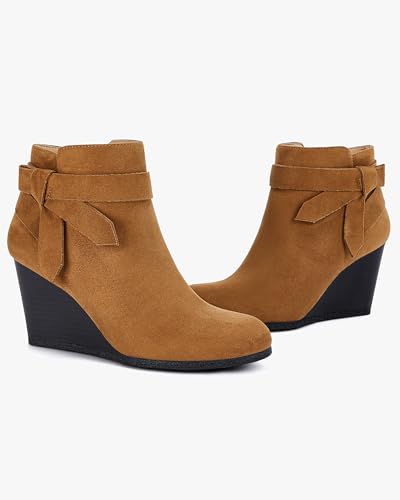 Coutgo Womens Wedge Booties Fall Ankle Boots Tie Knot Stacked Heeled Side Zipper Winter Dress Shoes, Beige, Size 6.5