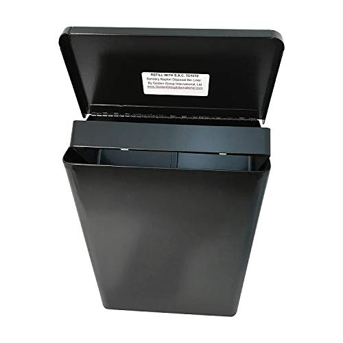 Sanitary napkin and tampon disposal receptacle, surface mount, black steel, liner held in place with bracket