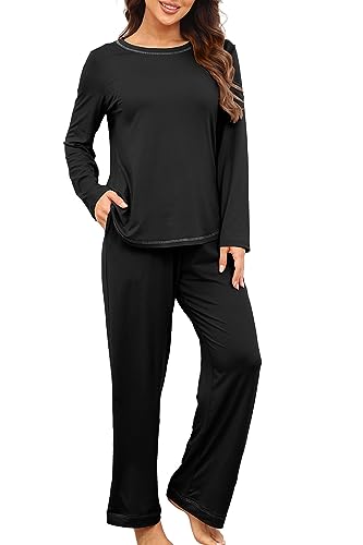 PrinStory Women's Pajama Set 2024 Lounge Sets Long Sleeve Sleepwear Soft 2 Piece Pjs with Pockets FP-Black Moon Ghost-M
