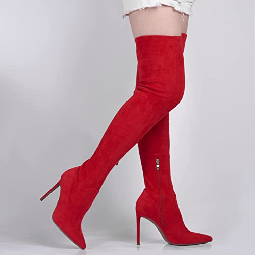 GENSHUO Over the Knee Boots for Women with Heel Suede Thigh High Boots Stretch Sexy Pointed Toe Stiletto Long Boot Shoes Black Size 6