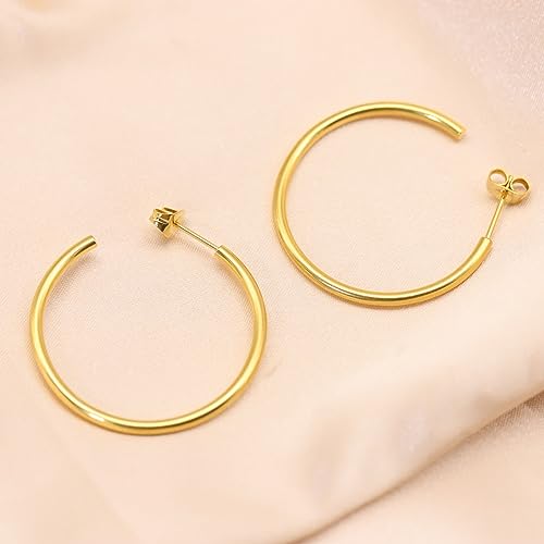 14K Gold Hoop Earrings for Women, Hypoallergenic Open Hoops, Non-Nickel Titanium Earrings for Sensitive Ears, 2mm Thin Hoop Lightweight Earrings (30mm-Gold)