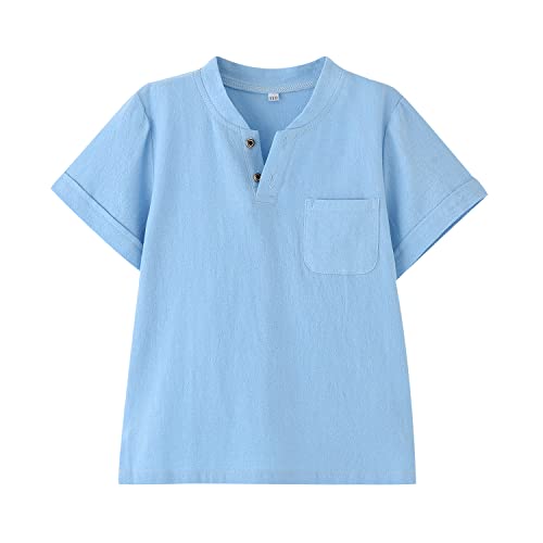 POBIDOBY Boy's T-shirt and Shorts Set Cotton Linen Summer Short Sleeve Children Two Pieces Clothing Sets (Blue, 4T, 4_years)