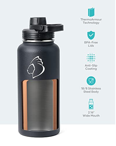 BUZIO 32 oz Water Bottle Insulated with Straw & 3 lid and Carrying Pouch, Leak Proof Anti-Slip Stainless Steel Water Flask Jug, Cold for 48 Hrs Double Vacuum Thermo Canteen, BPA-Free, Black