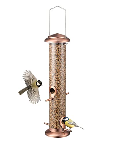 iBorn Metal Bird Feeder Hanging Wild Bird Feeders for Mix Seed Blends Heavy Duty All Metal Finishing, Copper Finish, 8 Inch 2 Port (Seed is not Included)