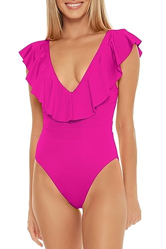 Trina Turk Women's Standard Monaco Ruffle One Piece Swimsuit, Plunge Neck, Bathing Suits, Guitar Green