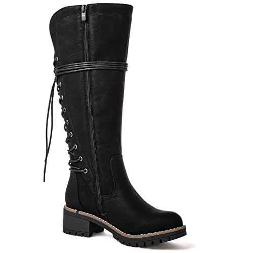 GLOBALWIN Women’s Black Lace Up Back Boots Knee High Boots Fashion Boots For Women 11M