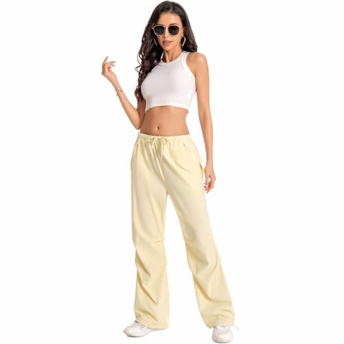 Chuhee Parachute Pants for Woman Baggy Cargo Pants Drawstring Elastic Waist Y2K Causal Trousers with Pockets Army Green S