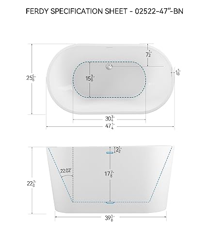 FerdY Shangri-La 47" Acrylic Freestanding Bathtub, Small Classic Oval Shape Acrylic Soaking Bathtub with Chrome Drain & Minimalist Linear Design Overflow, Modern White, cUPC Certified