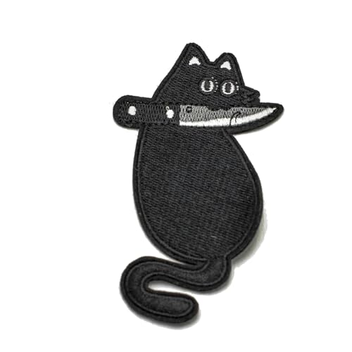 Iron On Patch, Cat with Knife Patch, Punk Funny Embroidered Patches Repair Emblem Badget Sew or Iron on Applique Patches Sticker DIY for Clothes Jeans Backpacks Jackets Pants Hats Vest