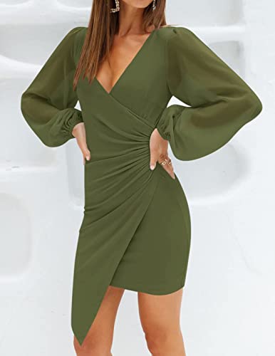 ZESICA Women's Wrap V Neck Bodycon Mini Dress Puff Long Sleeve Ruched Asymmetrical Hem Cocktail Party Short Dresses,Red,Small