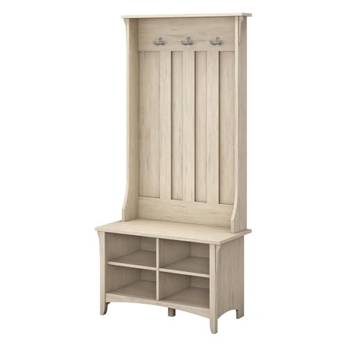 Bush Furniture Salinas Hall Tree with Shoe Storage Bench in Antique White, Multi-Purpose Home Organizer, Entryway Solution with Seating and Hooks