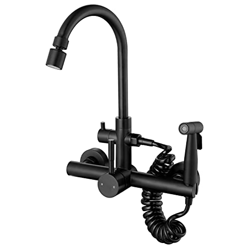 Wall Mount Kitchen Faucet 8 Inch Faucets Matte Black Faucet for Kitchen, with Spray Gun and 2 Water Jet, Swivel 360° spout Wall faucets, Wall mounting Kitchen Faucet