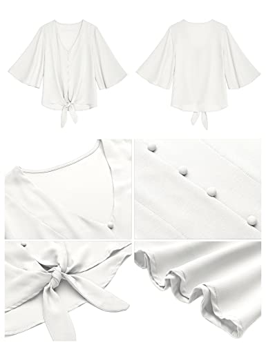luvamia Women's Casual V Neck Tops 3/4 Sleeve Tie Knot Blouses Bell Sleeve Top V Neck Top Flowy Top White Size Large Fits Size 12 / Size 14