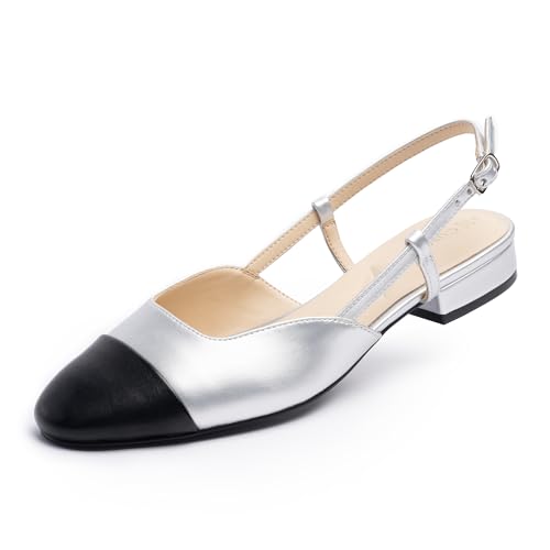 Cusolemore Slingback Flat for Women, Black Flats for Women, Cape Toe Low Heel Dress Shoes, Two Tone Slingback Pumps for Women, Mules with Strap, Closed Toe Heel Sandals Size 6