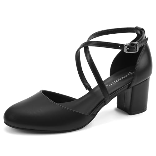 Greatonu Women's Nude Low Block Heeled Dress Pumps Closed Round Toe Cross Strap Wedding Bridal Party Office Shoes Size 6