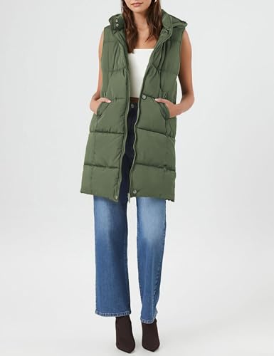 Fiona Jolin Long Puffer Vest Women Hooded Warm Padded Winter Coats Sleeveless Puffy Jackets Outerwear Vests (Apricot-XS)