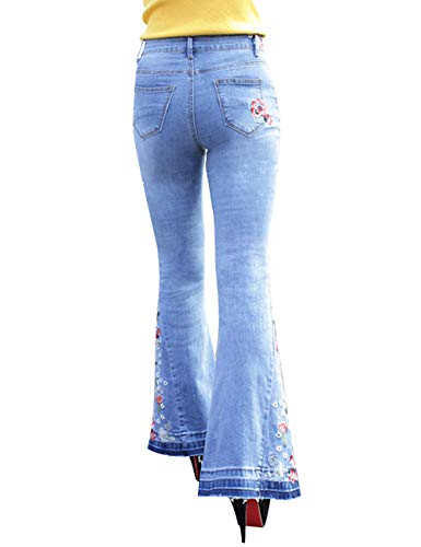 Women's Flared Fit Jeans Bell Bottom Denim Pants with Contrast Wash Hem Detail (Embroidered Blue, 4)