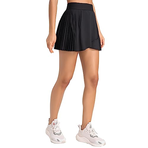 Raroauf Women's Pleated Tennis Skirts Lightweight Athletic Golf Skorts with Shorts Pockets Workout Running Clothes Black US 4(S)