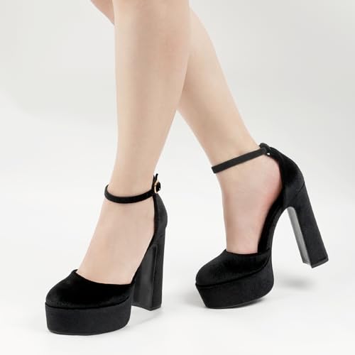 JENN ARDOR Women's Platform Heels 5 Inch Chunky High Heel Pumps Block Heels 1.7 Inch Platform Ankle Strap Closed Toe for Dress Wedding Party Pumps Black- Velvet